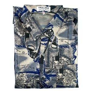 VTG THAI SILK By Apple Shirt Men’s Short Sleeve Button Front Sz. M Blue Black